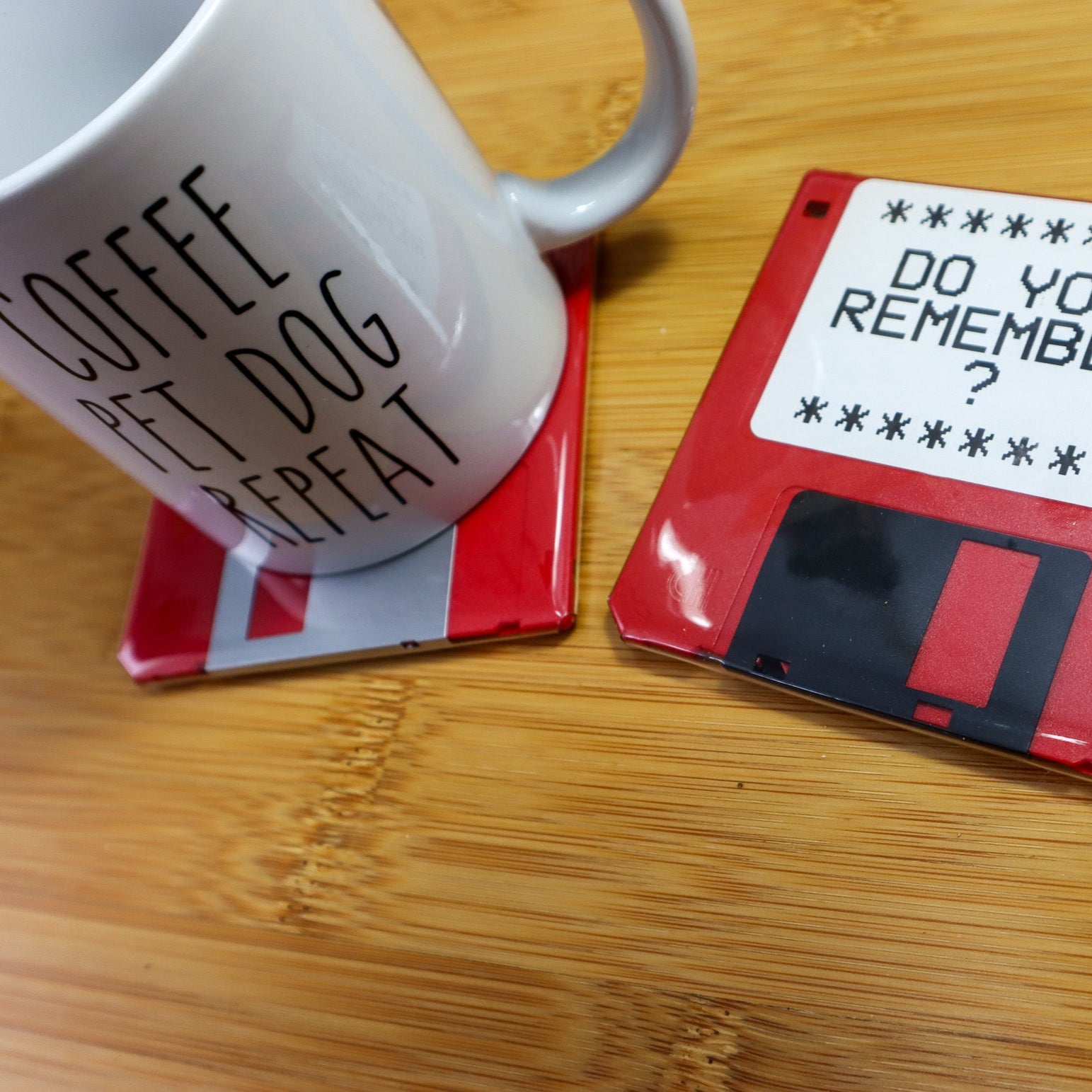 Floppy Disk Coasters Made From Real Floppy Disks / Red Text / 2 -Pack / TC_N